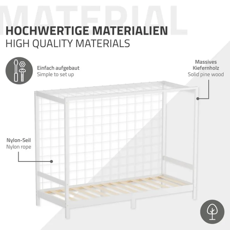 Kinderbett Fußballtor 90x200 cm Weiß aus Kiefernholz mit Matratze H-10cm Handballtor mit Lattenrost & Tornetz ML-Design