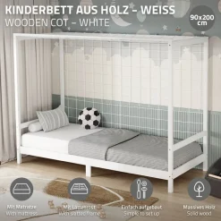 Kinderbett Fußballtor 90x200 cm Weiß aus Kiefernholz mit Matratze H-16cm Handballtor mit Lattenrost & Tornetz ML-Design