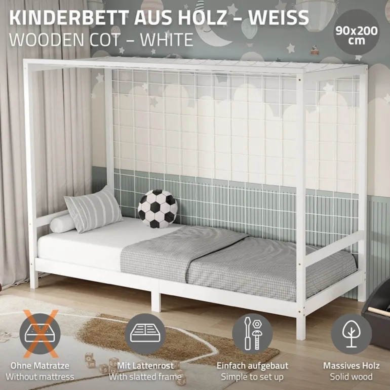 Kinderbett Fußballtor 90x200 cm Weiß Einzelbett für Kinder Holzbett mit Lattenrost & Tornetz Handballtor ML-Design