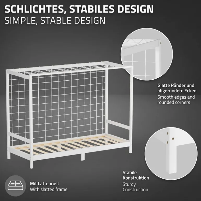 Kinderbett Fußballtor 90x200 cm Weiß Einzelbett für Kinder Holzbett mit Lattenrost & Tornetz Handballtor ML-Design