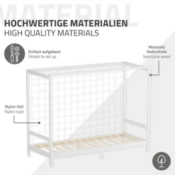 Kinderbett Fußballtor 90x200 cm Weiß Einzelbett für Kinder Holzbett mit Lattenrost & Tornetz Handballtor ML-Design