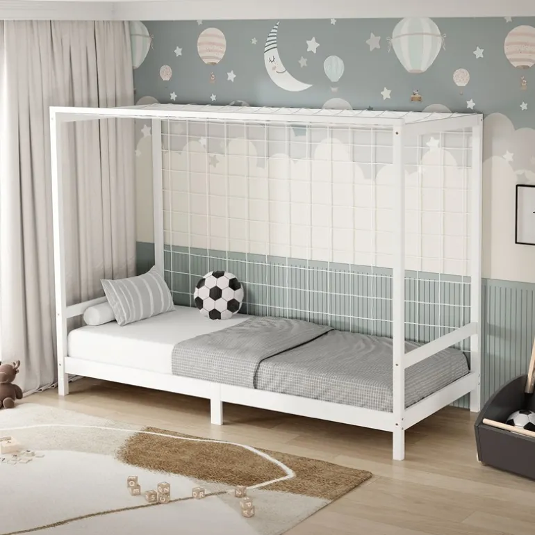 Kinderbett Fußballtor 90x200 cm Weiß Einzelbett für Kinder Holzbett mit Lattenrost & Tornetz Handballtor ML-Design
