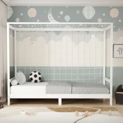 Kinderbett Fußballtor 90x200 cm Weiß Einzelbett für Kinder Holzbett mit Lattenrost & Tornetz Handballtor ML-Design