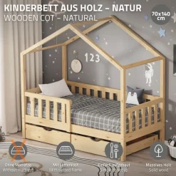Kinderbett Hausbett mit 2 Schubkasten 70x140 cm Natur aus Kiefernholz mit Rausfallschutz und Lattenrost ML-Design