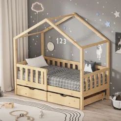 Kinderbett Hausbett mit 2 Schubkasten 70x140 cm Natur aus Kiefernholz mit Rausfallschutz und Lattenrost ML-Design
