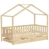 Kinderbett Hausbett mit 2 Schubkasten 80x160 cm Natur aus Kiefernholz mit Rausfallschutz und Lattenrost ML-Design