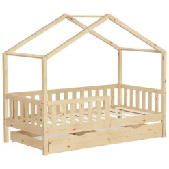 Kinderbett Hausbett mit 2 Schubkasten 80x160 cm Natur aus Kiefernholz mit Rausfallschutz und Lattenrost ML-Design