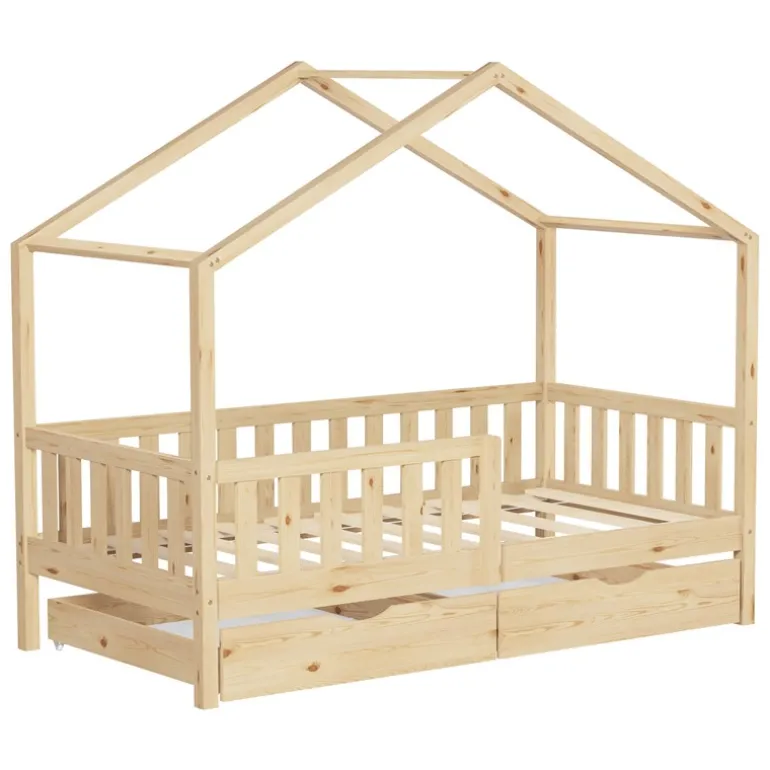 Kinderbett Hausbett mit 2 Schubkasten 80x160 cm Natur aus Kiefernholz mit Rausfallschutz und Lattenrost ML-Design