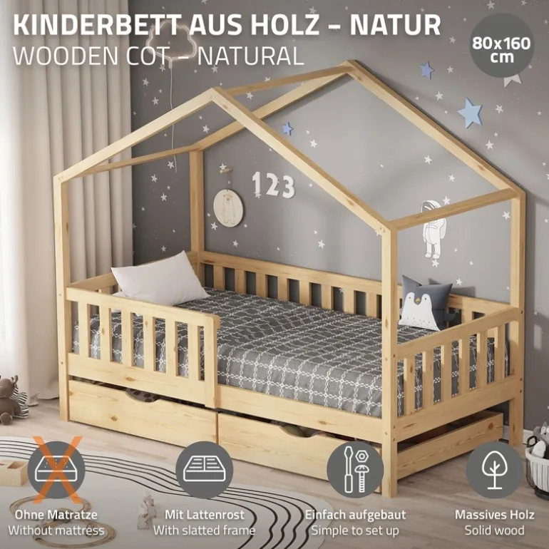 Kinderbett Hausbett mit 2 Schubkasten 80x160 cm Natur aus Kiefernholz mit Rausfallschutz und Lattenrost ML-Design