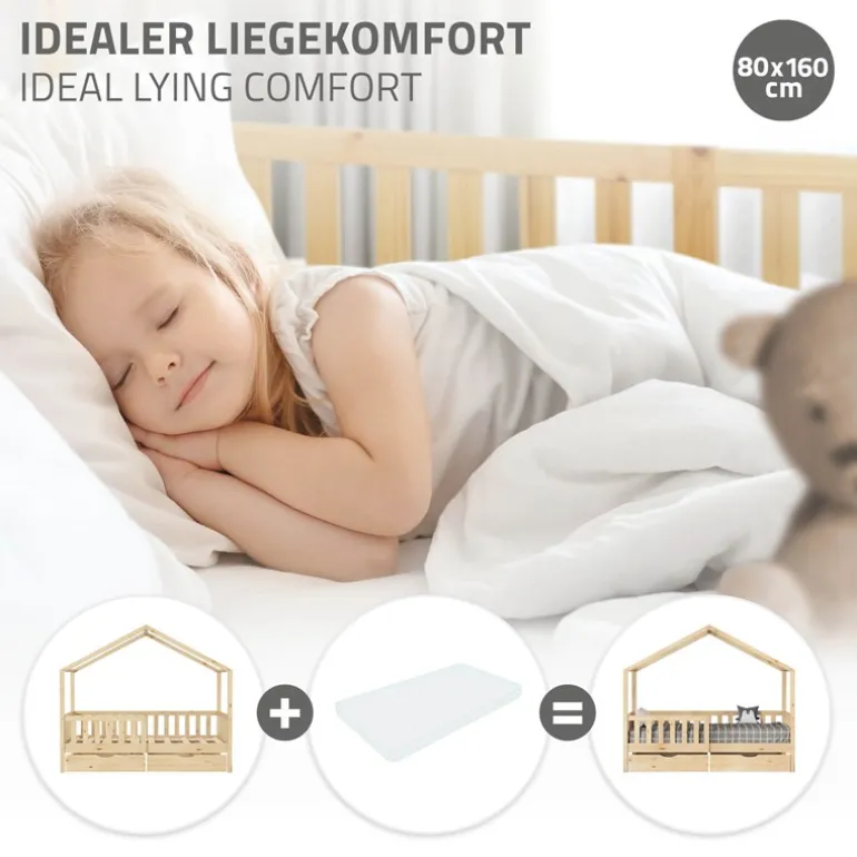 Kinderbett Hausbett mit 2 Schubkasten 80x160 cm Natur aus Kiefernholz mit Rausfallschutz und Lattenrost ML-Design