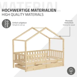Kinderbett Hausbett mit 2 Schubkasten 80x160 cm Natur aus Kiefernholz mit Rausfallschutz und Lattenrost ML-Design
