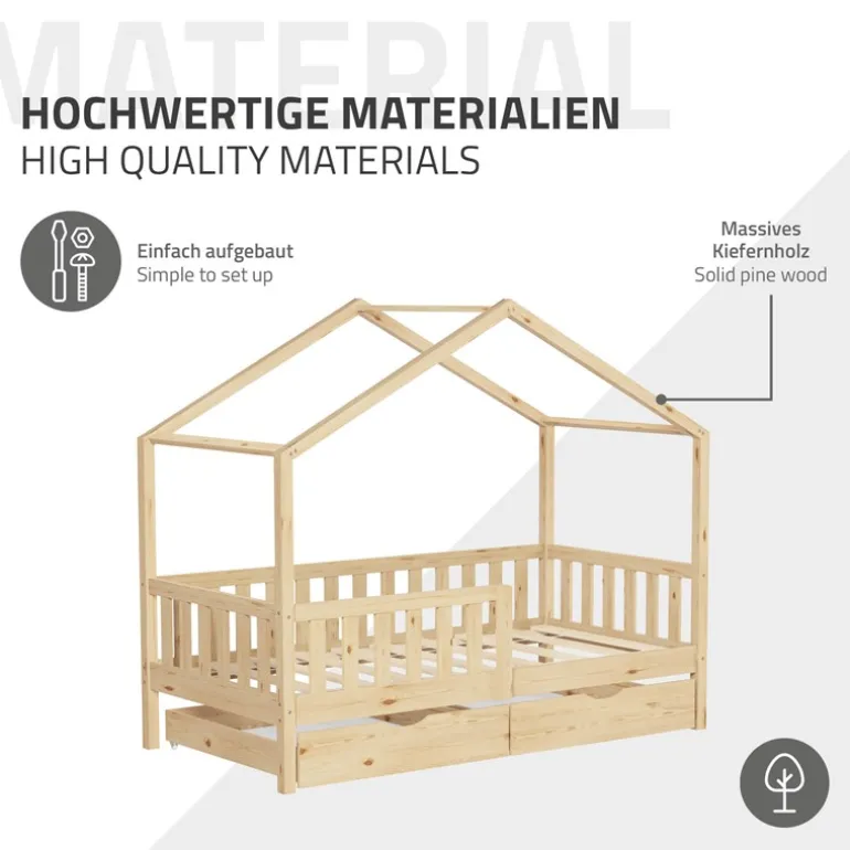 Kinderbett Hausbett mit 2 Schubkasten 80x160 cm Natur aus Kiefernholz mit Rausfallschutz und Lattenrost ML-Design