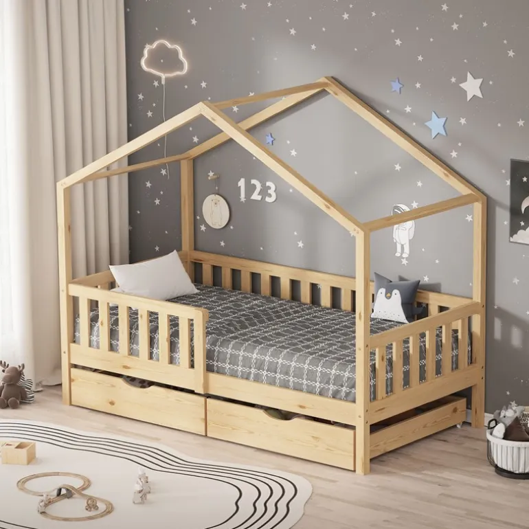Kinderbett Hausbett mit 2 Schubkasten 80x160 cm Natur aus Kiefernholz mit Rausfallschutz und Lattenrost ML-Design