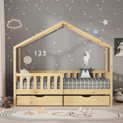 Kinderbett Hausbett mit 2 Schubkasten 80x160 cm Natur aus Kiefernholz mit Rausfallschutz und Lattenrost ML-Design