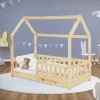 Kinderbett Hausbett 140x70 cm aus Kiefernholz mit Rausfallschutz Dach und Lattenrost Holzbett ML-Design