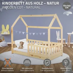Kinderbett Hausbett 140x70 cm aus Kiefernholz mit Rausfallschutz Dach und Lattenrost Holzbett ML-Design