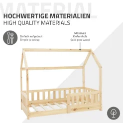 Kinderbett Hausbett 140x70 cm aus Kiefernholz mit Rausfallschutz Dach und Lattenrost Holzbett ML-Design