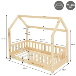 Kinderbett Hausbett 140x70 cm aus Kiefernholz mit Rausfallschutz Dach und Lattenrost Holzbett ML-Design