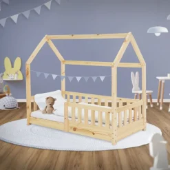 Kinderbett Hausbett 140x70 cm aus Kiefernholz mit Rausfallschutz Dach und Lattenrost Holzbett ML-Design