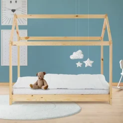 Kinderbett Hausbett 70x140 cm aus Kiefernholz Holzbett mit Dach und Lattenrost ML-Design