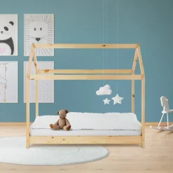 Kinderbett Hausbett 70x140 cm aus Kiefernholz Holzbett mit Dach und Lattenrost ML-Design