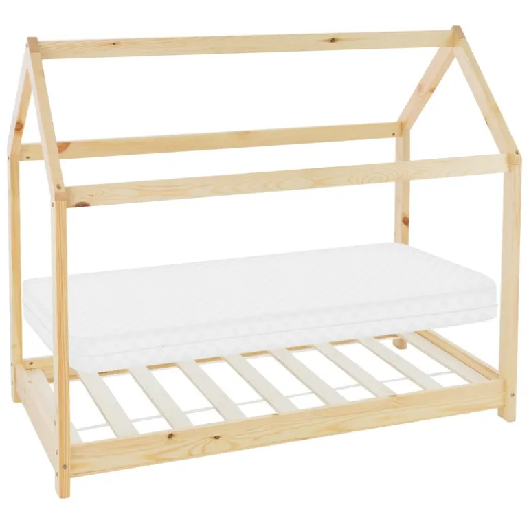 Kinderbett Hausbett 70x140 cm aus Kiefernholz inkl. Matratze H-10cm Holzbett mit Dach und Lattenrost ML-Design