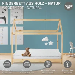 Kinderbett Hausbett 70x140 cm aus Kiefernholz inkl. Matratze H-10cm Holzbett mit Dach und Lattenrost ML-Design