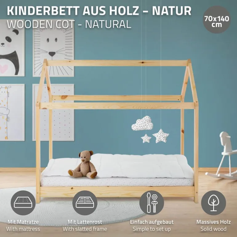 Kinderbett Hausbett 70x140 cm aus Kiefernholz inkl. Matratze H-10cm Holzbett mit Dach und Lattenrost ML-Design