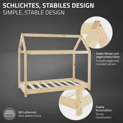 Kinderbett Hausbett 70x140 cm aus Kiefernholz inkl. Matratze H-10cm Holzbett mit Dach und Lattenrost ML-Design