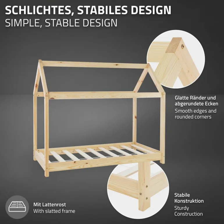 Kinderbett Hausbett 70x140 cm aus Kiefernholz inkl. Matratze H-10cm Holzbett mit Dach und Lattenrost ML-Design