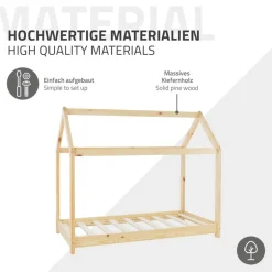 Kinderbett Hausbett 70x140 cm aus Kiefernholz inkl. Matratze H-10cm Holzbett mit Dach und Lattenrost ML-Design