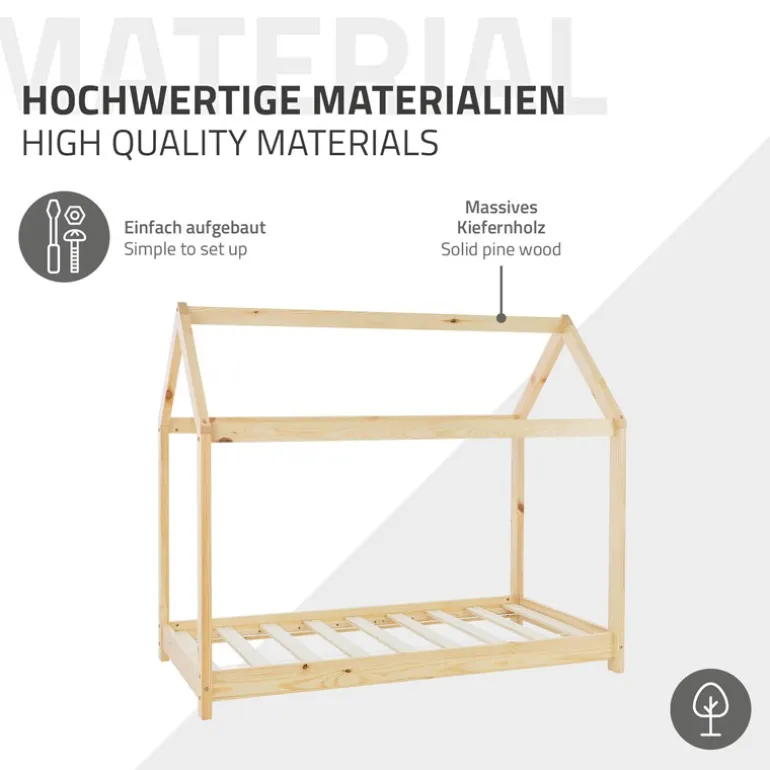 Kinderbett Hausbett 70x140 cm aus Kiefernholz inkl. Matratze H-10cm Holzbett mit Dach und Lattenrost ML-Design