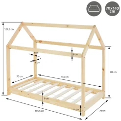 Kinderbett Hausbett 70x140 cm aus Kiefernholz inkl. Matratze H-10cm Holzbett mit Dach und Lattenrost ML-Design