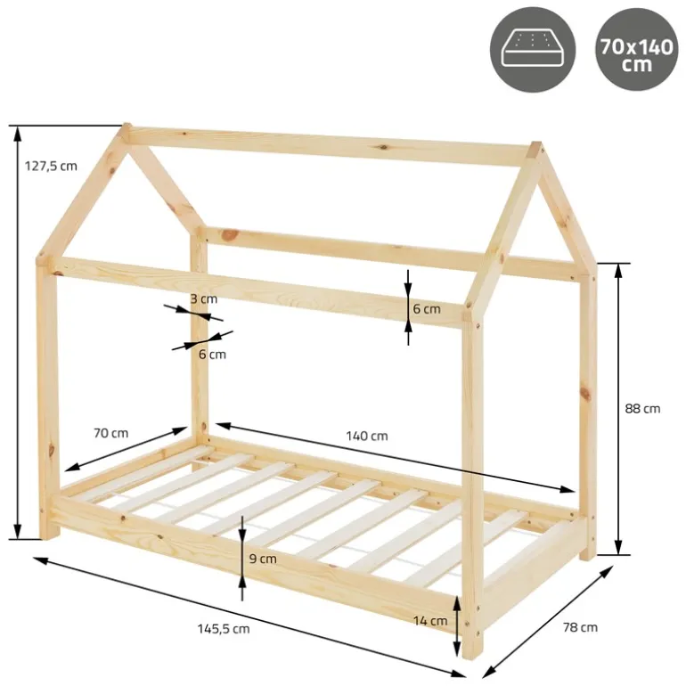 Kinderbett Hausbett 70x140 cm aus Kiefernholz inkl. Matratze H-10cm Holzbett mit Dach und Lattenrost ML-Design