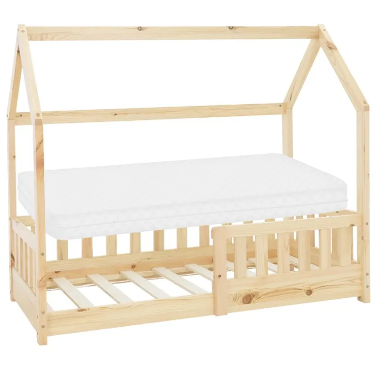 Kinderbett Hausbett 70x140 cm aus Kiefernholz inkl. Matratze H-10cm Rausfallschutz Dach und Lattenrost ML-Design