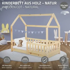 Kinderbett Hausbett 70x140 cm aus Kiefernholz inkl. Matratze H-10cm Rausfallschutz Dach und Lattenrost ML-Design