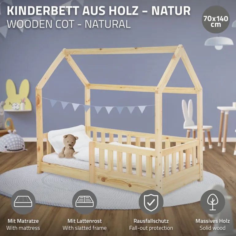 Kinderbett Hausbett 70x140 cm aus Kiefernholz inkl. Matratze H-10cm Rausfallschutz Dach und Lattenrost ML-Design