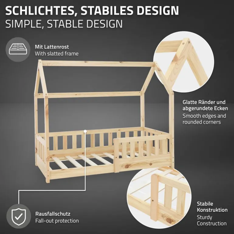 Kinderbett Hausbett 70x140 cm aus Kiefernholz inkl. Matratze H-10cm Rausfallschutz Dach und Lattenrost ML-Design