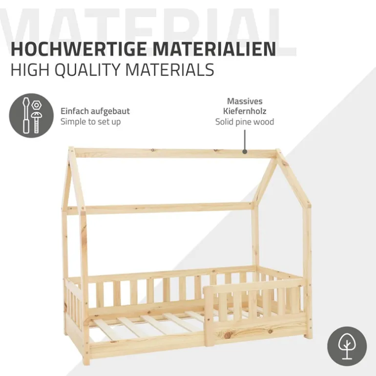 Kinderbett Hausbett 70x140 cm aus Kiefernholz inkl. Matratze H-10cm Rausfallschutz Dach und Lattenrost ML-Design