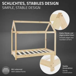 Kinderbett Hausbett 80x160 cm aus Kiefernholz Holzbett mit Dach und Lattenrost ML-Design