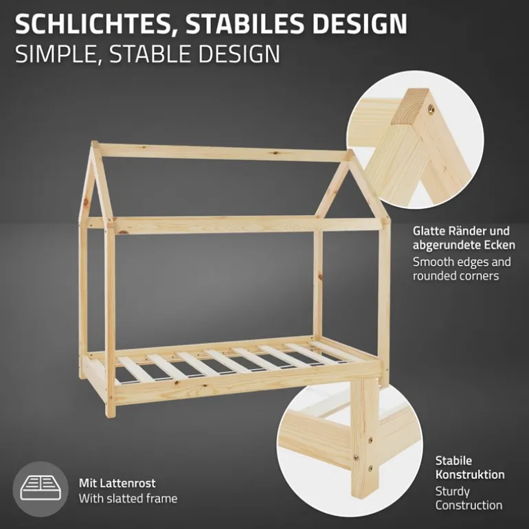 Kinderbett Hausbett 80x160 cm aus Kiefernholz Holzbett mit Dach und Lattenrost ML-Design