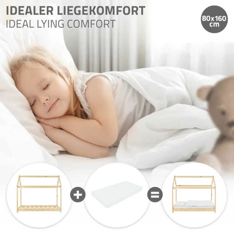 Kinderbett Hausbett 80x160 cm aus Kiefernholz Holzbett mit Dach und Lattenrost ML-Design