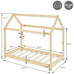 Kinderbett Hausbett 80x160 cm aus Kiefernholz Holzbett mit Dach und Lattenrost ML-Design