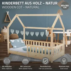 Kinderbett Hausbett 80x160 cm aus Kiefernholz inkl. Matratze H-10cm Rausfallschutz Dach und Lattenrost ML-Design