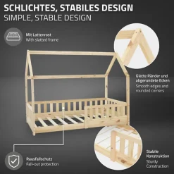 Kinderbett Hausbett 80x160 cm aus Kiefernholz inkl. Matratze H-10cm Rausfallschutz Dach und Lattenrost ML-Design