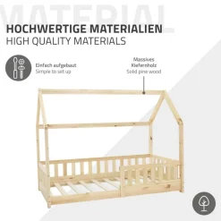 Kinderbett Hausbett 80x160 cm aus Kiefernholz inkl. Matratze H-10cm Rausfallschutz Dach und Lattenrost ML-Design