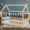 Kinderbett Hausbett 80x160 cm aus Kiefernholz mit Rausfallschutz Dach und Lattenrost Holzbett ML-Design