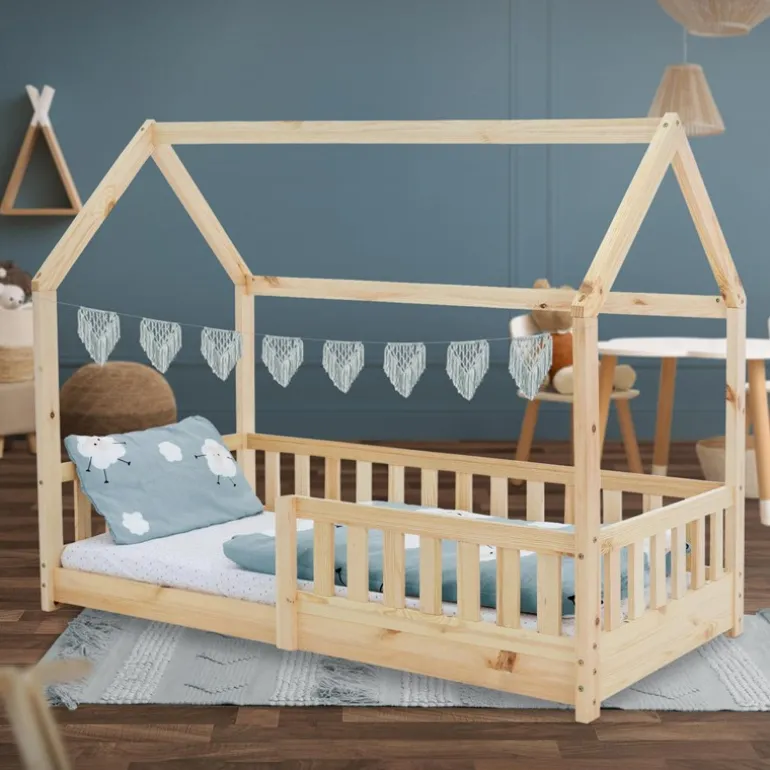 Kinderbett Hausbett 80x160 cm aus Kiefernholz mit Rausfallschutz Dach und Lattenrost Holzbett ML-Design
