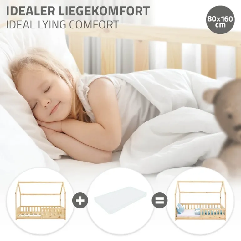 Kinderbett Hausbett 80x160 cm aus Kiefernholz mit Rausfallschutz Dach und Lattenrost Holzbett ML-Design