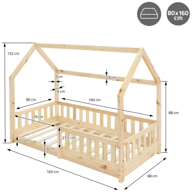 Kinderbett Hausbett 80x160 cm aus Kiefernholz mit Rausfallschutz Dach und Lattenrost Holzbett ML-Design
